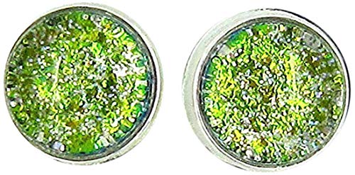Silver-tone Green Glitter Glass Stud Earrings Hand-painted 8mm