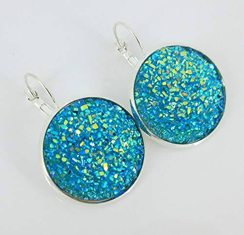 Silver-tone Aqua Blue Faux Druzy Stone Lever-back Drop Earrings Large 25mm
