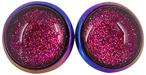 Rainbow Stainless Steel Metallic Glitter Glass Stud Earrings Hand-painted 12mm (Pink)