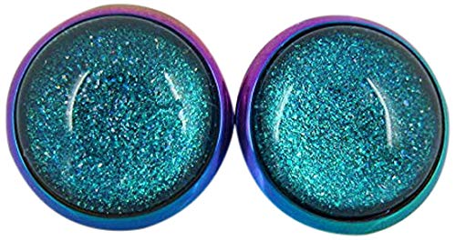 Rainbow Stainless Steel Metallic Glitter Glass Stud Earrings Hand-painted 12mm (Pink)