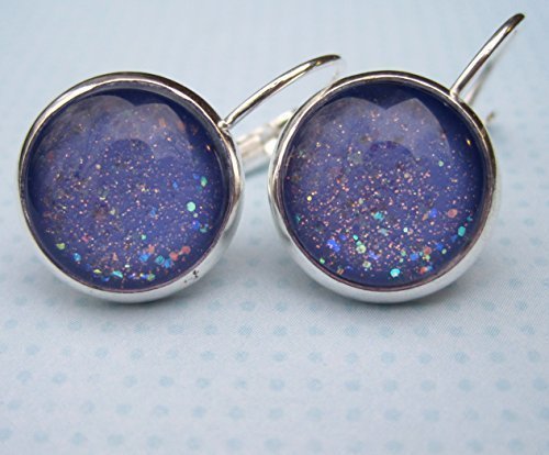 Silver-tone Periwinkle Purple Glitter Glass Lever-back Drop Galaxy Earrings Hand-painted