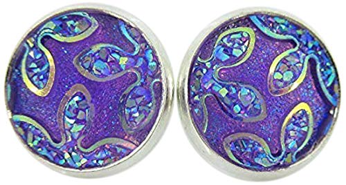 Silver-tone Lavender Purple Frosted Flower Metallic Rainbow Stud Earrings 12mm