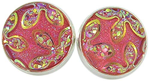 Silver-tone Light Pink Frosted Flower Metallic Rainbow Stud Earrings 12mm
