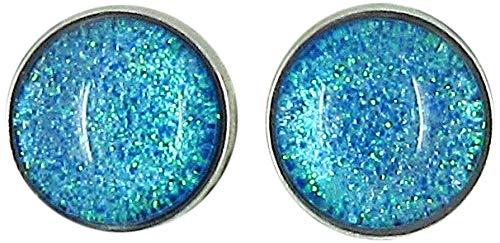 Stainless Steel Blue Green Glitter Glass Stud Earrings Hand-painted 10mm