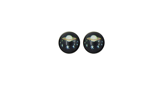 Stainless Steel Black Planet and Star Galaxy Print Glass Stud Earrings 12mm