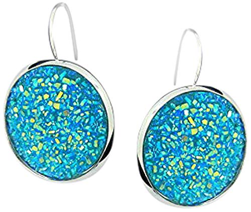 Silver-tone Aqua Blue Faux Druzy Stone Lever-back Drop Earrings Large 25mm