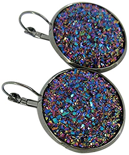Hematite-tone Purple Pink Teal Faux Druzy Stone Lever-back Drop Earrings Large 25mm