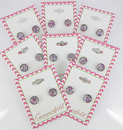 Silver-tone Gray Pink and White Glitter Glass Stud Earrings Hand-painted 10mm