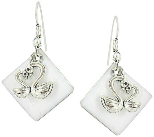 Silver-tone White Enamel Swan Charm Dangle Earrings