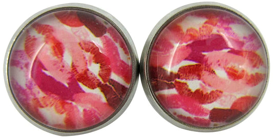 Stainless Steel Lipstick Kisses Camo Print Glass Stud Earrings 12mm White Pink Red