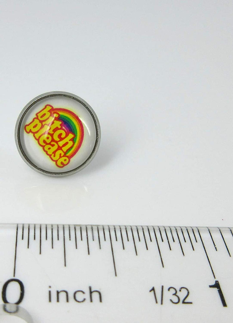 Stainless Steel Rainbow Bitch Please Print Glass Stud Earrings 12mm