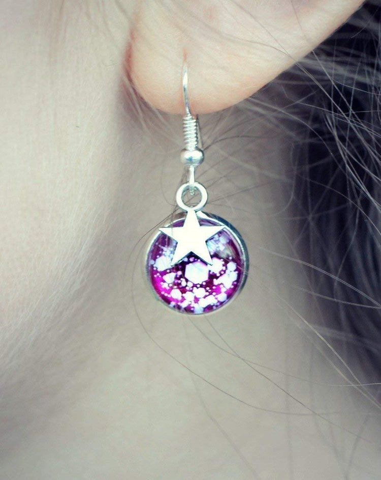 Silver-tone Magenta Pink and White Glitter Glass Star Galaxy Dangle Earrings
