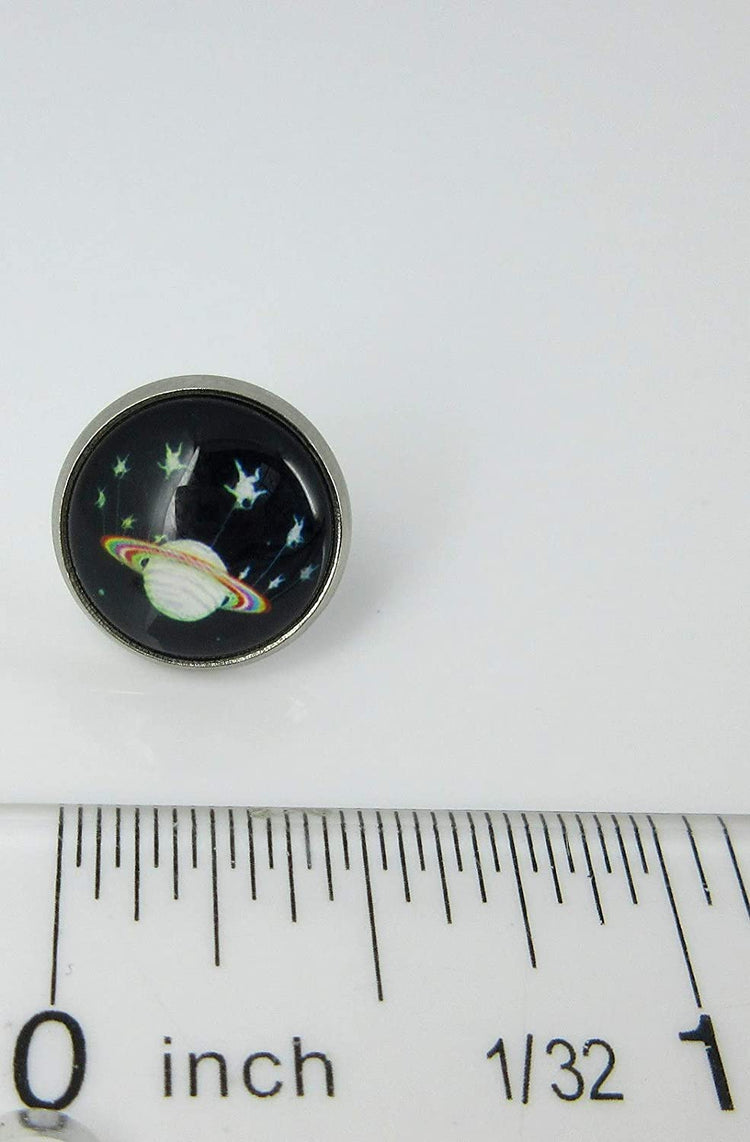 Stainless Steel Black Planet and Star Galaxy Print Glass Stud Earrings 12mm