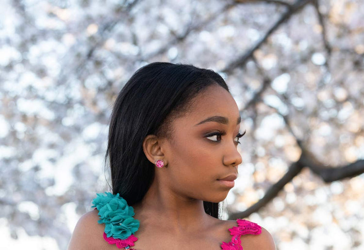 Silver-tone Hot Pink and Pearly White Glitter Glass Stud Earrings Hand-painted 12mm