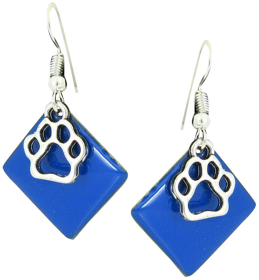 Silver-tone Royal Blue Enamel Paw Print Charm Dangle Earrings