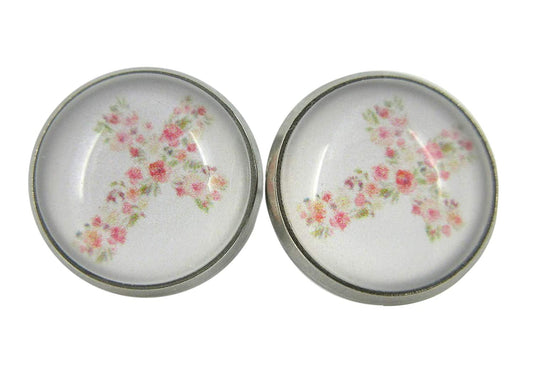 Stainless Steel White and Pink Flower Cross Print Glass Stud Earrings 12mm