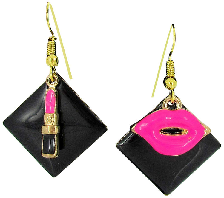 Gold-tone Enamel Lipstick and Lip Charm Dangle Earrings