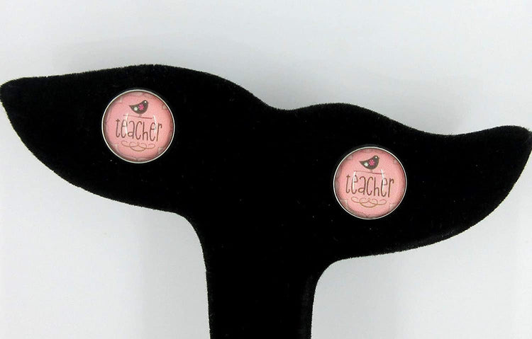 Stainless Steel Teacher Bird Print Glass Stud Earrings 12mm Pink