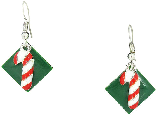 Silver-tone Green Enamel Candy Cane Charm Dangle Earrings