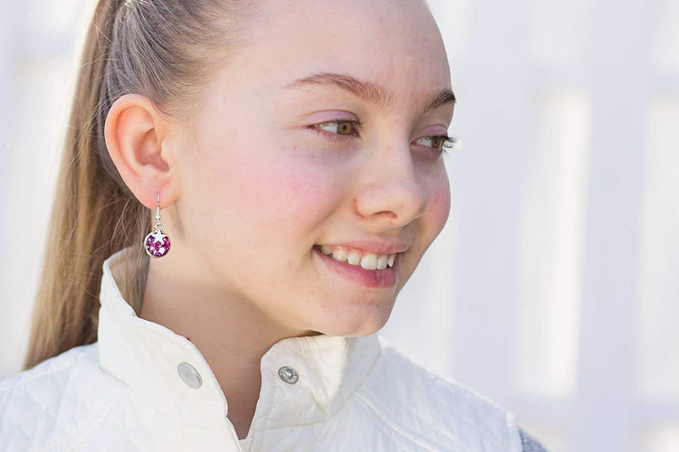 Silver-tone Magenta Pink and White Glitter Glass Star Galaxy Dangle Earrings