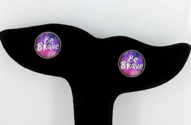 Stainless Steel Be Brave Print Glass Stud Earrings 12mm