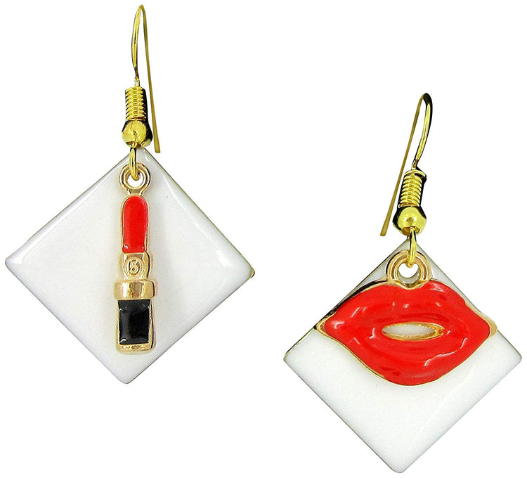 Gold-tone Enamel Lipstick and Lip Charm Dangle Earrings