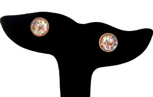 Rose Gold-tone Pearly Silver and 5 Metal Glitter Glass Stud Earrings Hand-painted 10mm
