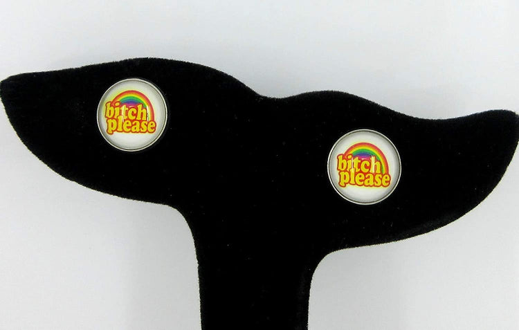 Stainless Steel Rainbow Bitch Please Print Glass Stud Earrings 12mm