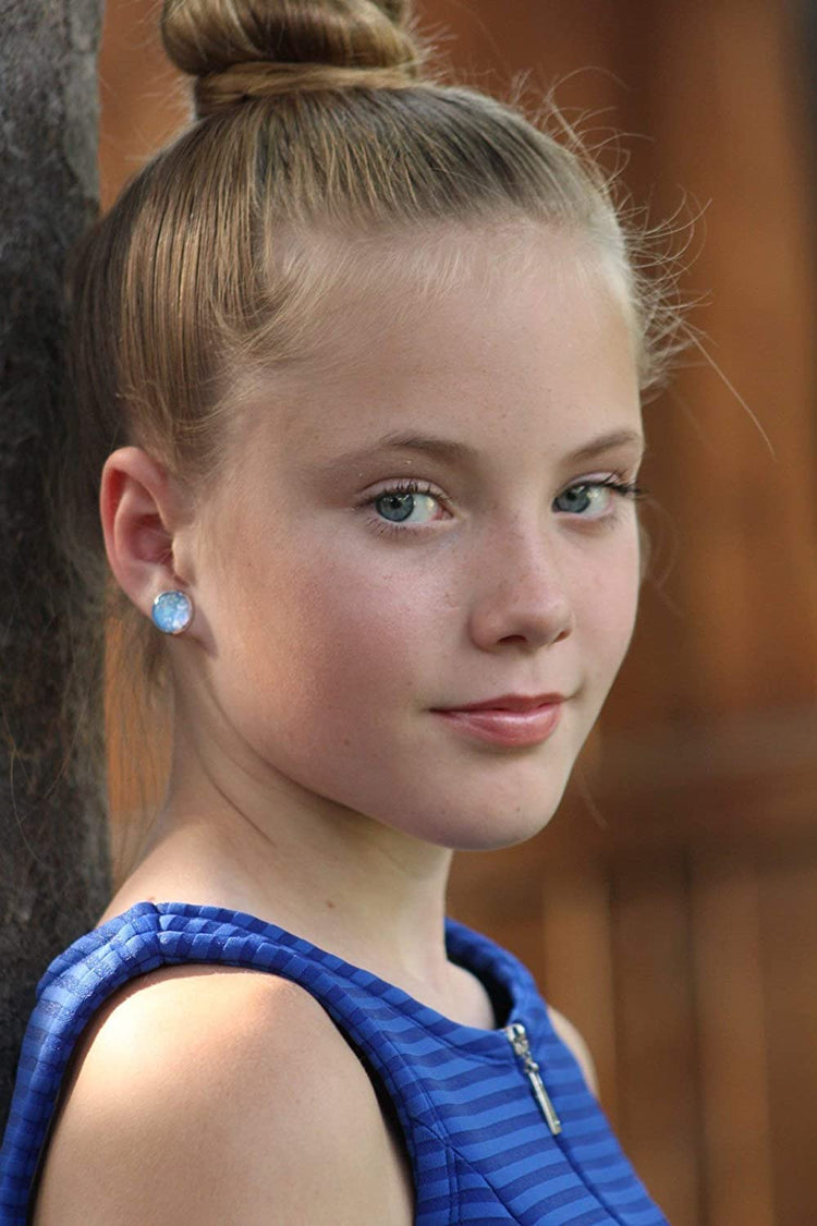 Silver-Tone Ice Blue and White Glitter Glass Stud Earrings 12mm