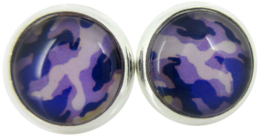 Silver-tone Purple Camo Print Glass Stud Earrings 10mm