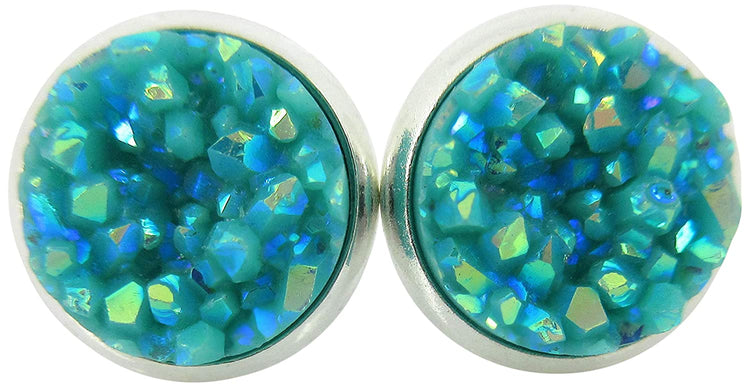Silver-tone Faux Druzy Stone Stud Earrings 10mm (Lt Aqua Blue)