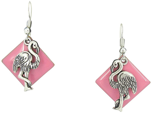 Antiqued Silver-tone Pink Enamel Flamingo Charm Dangle Earrings