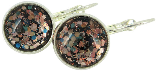Silver-tone Black and Multi-Color Confetti Glitter Glass Lever-back Drop Earrings Hand-painted