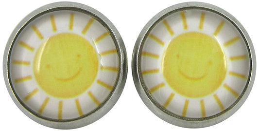 Stainless Steel White and Yellow Sunshine Print Glass Stud Earrings 10mm