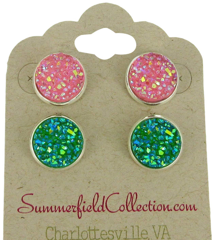 Duo Stud Earrings Silver-tone Pink and Green AB Faux Druzy Stone 12mm Set