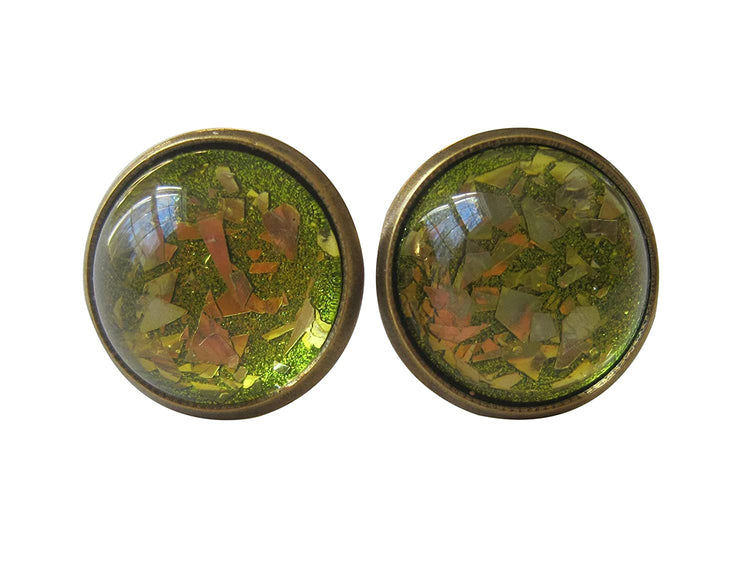 Antiqued Gold-tone Green Glitter Glass Stud Earrings Hand-painted 12mm