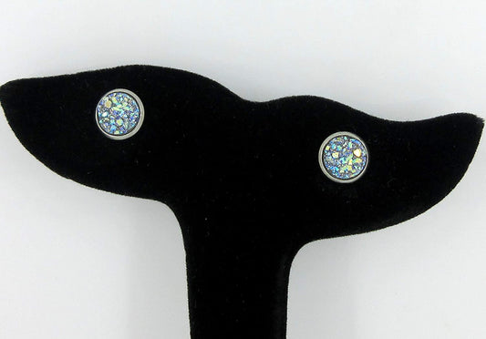 Stainless Steel Frost Blue Gray AB Glitter Faux Druzy Stone Stud Earrings 8mm
