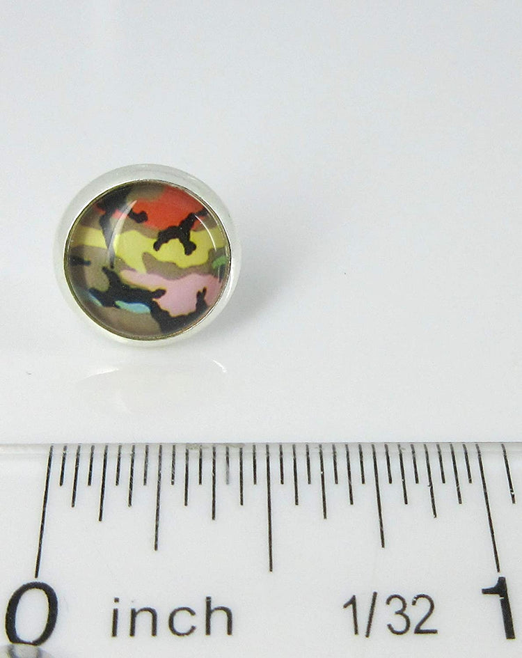 Silver-tone Rainbow Camo Print Glass Stud Earrings 10mm