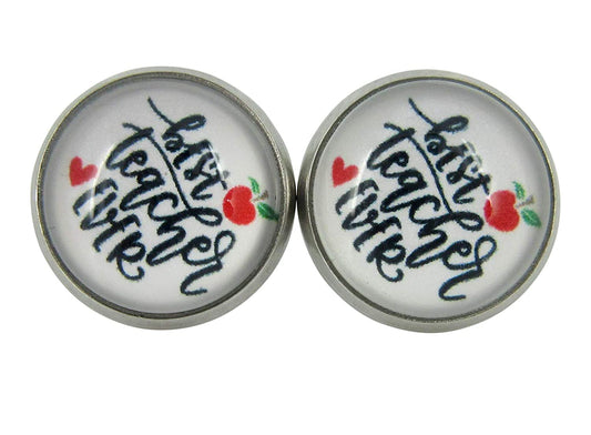 Stainless Steel Best Teacher Ever Red Apple Print Glass Stud Earrings 12mm