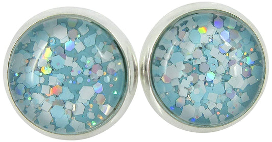 Silver-tone Blue and White Glitter Glass Stud Earrings Hand-painted 10mm