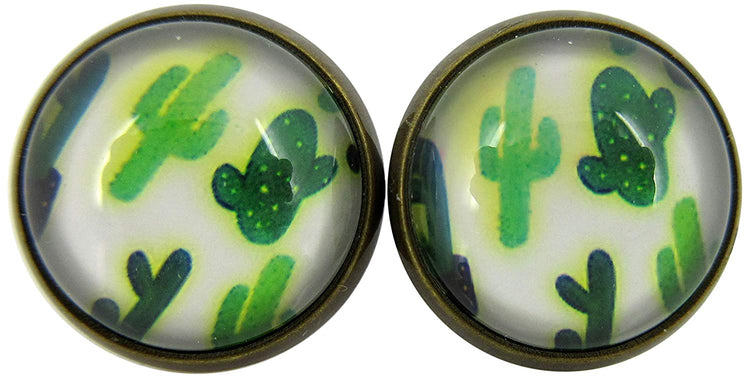 Antiqued Gold-tone Cactus Print Glass Stud Earrings 12mm