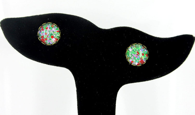 Antiqued Gold-tone Green Purple Red Glitter Glass Stud Earrings Hand-painted 10mm