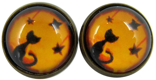 Antiqued Gold-tone Orange and Black Halloween Cat Print Glass Stud Earrings 12mm