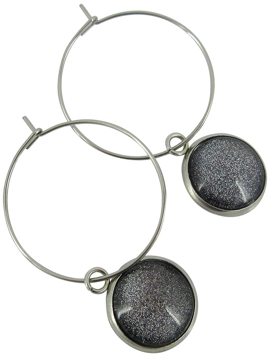Stainless Steel Charcoal Gray Glitter Glass Charm Hoop Earrings Hand-painted 1"
