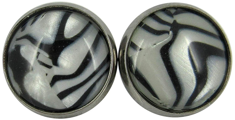 Hematite-tone Black and White Zebra Print Stud Earrings 12mm