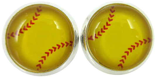 Silver-tone Yellow Softball Print Glass Stud Earrings 10mm