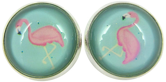 Silver-tone Teal Green Blue and Pink Flamingo Print Glass Stud Earrings 12mm