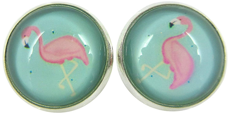 Silver-tone Teal Green Blue and Pink Flamingo Print Glass Stud Earrings 12mm