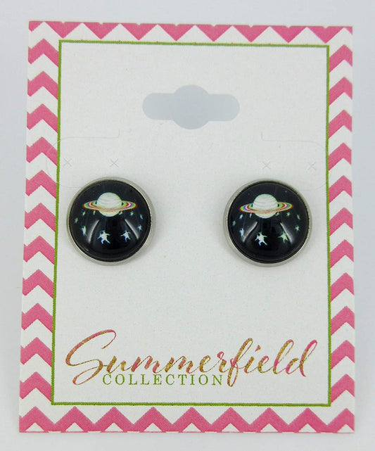 Stainless Steel Black Planet and Star Galaxy Print Glass Stud Earrings 12mm