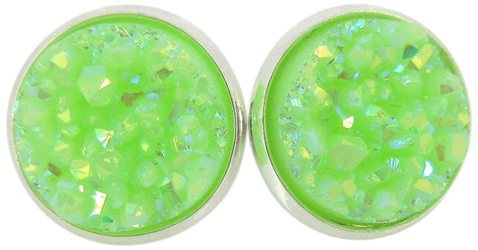 Silver-tone Lime Green AB Faux Druzy Stone Stud Earrings 12mm